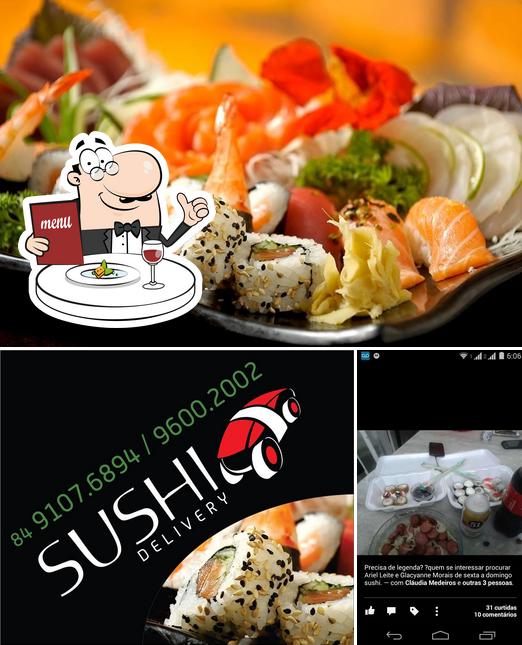 Dê uma olhada a foto ilustrando comida e bebida no Sushi Delivery