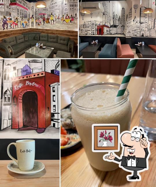 Take a look at the image displaying interior and drink at Kafé Bistro