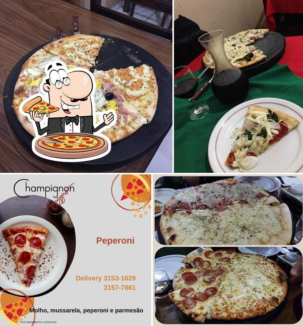 Experimente pizza no Pizzaria Champignon