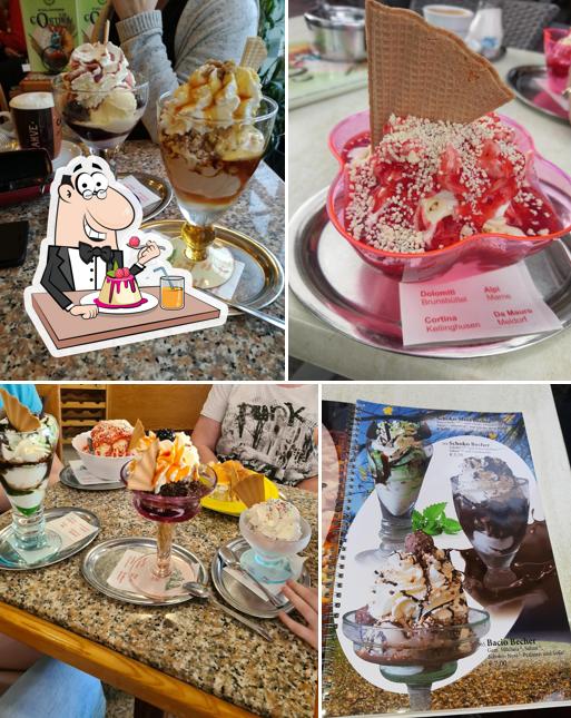 Eiscafé Cortina serviert eine Mehrzahl von Süßspeisen
