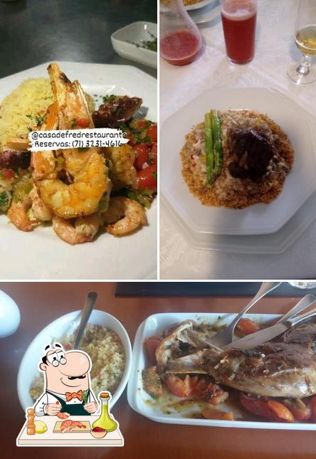 Camarão e grãos em Casa de Fred Restaurante