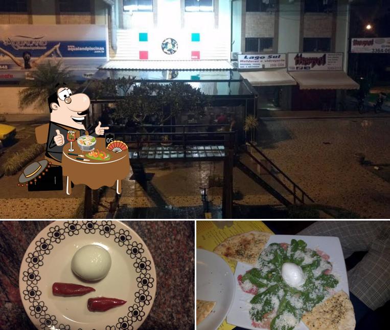 Esta é a ilustração mostrando comida e interior no Pizzeria Don Giovanni