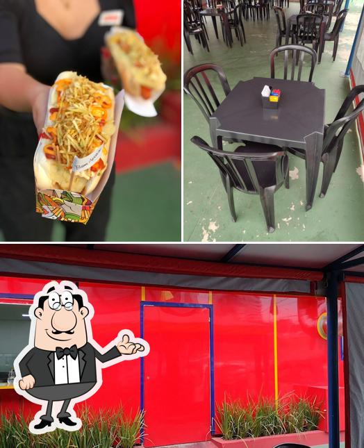 A ilustração do Achei Hot Dog’s interior e comida