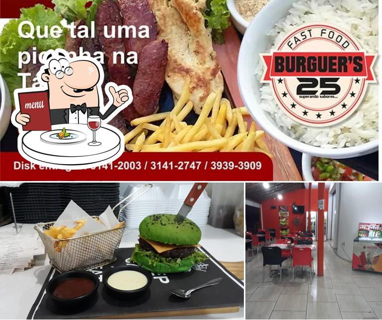 Confira a ilustração apresentando comida e interior a Burguer's 25 Hamburgueria