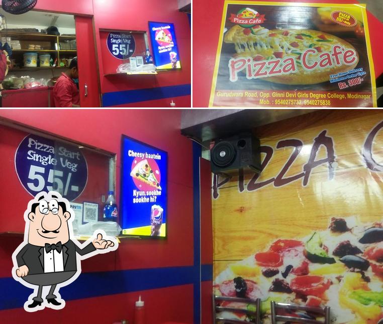 Take a look at the picture displaying interior and food at Pizza Cafe