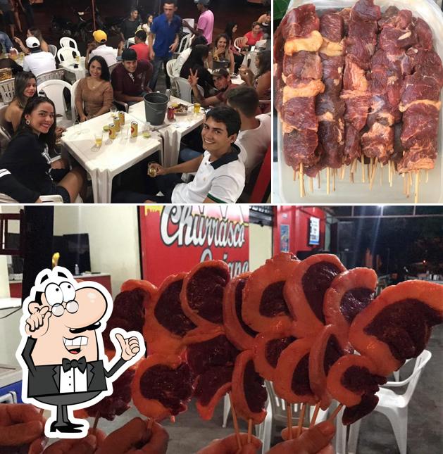 Dê uma olhada a ilustração mostrando interior e comida a Churrasco Goiano/Xinguara