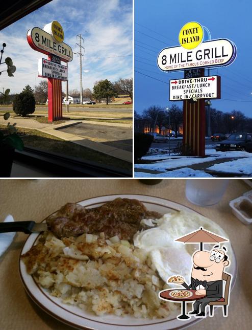 The image of exterior and food at 8 Mile Grill & Restaurant