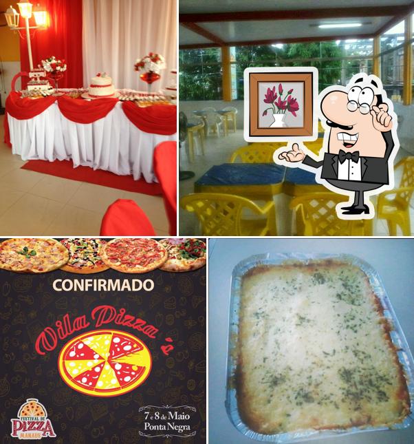 Sente em uma das mesas no Vila Pizza's e Restaurante