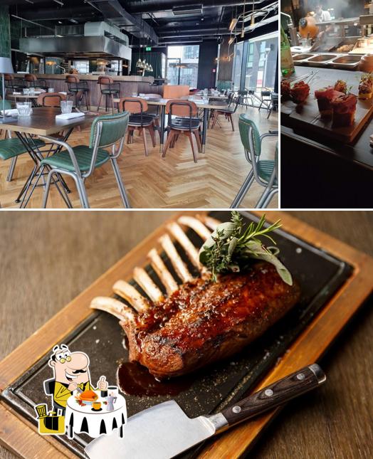 Observa las fotos que muestran comida y interior en Al Mercato Steaks Burgers Piazza Alvar Aalto