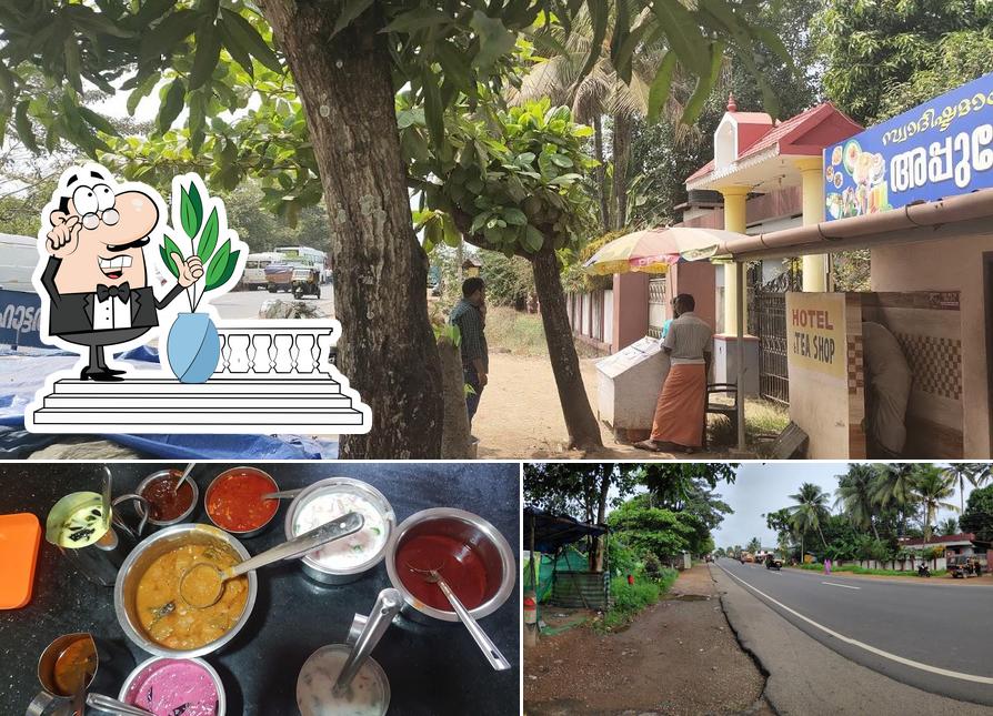 Among various things one can find exterior and food at Appuchettante Kada Hotel,Kuttanad