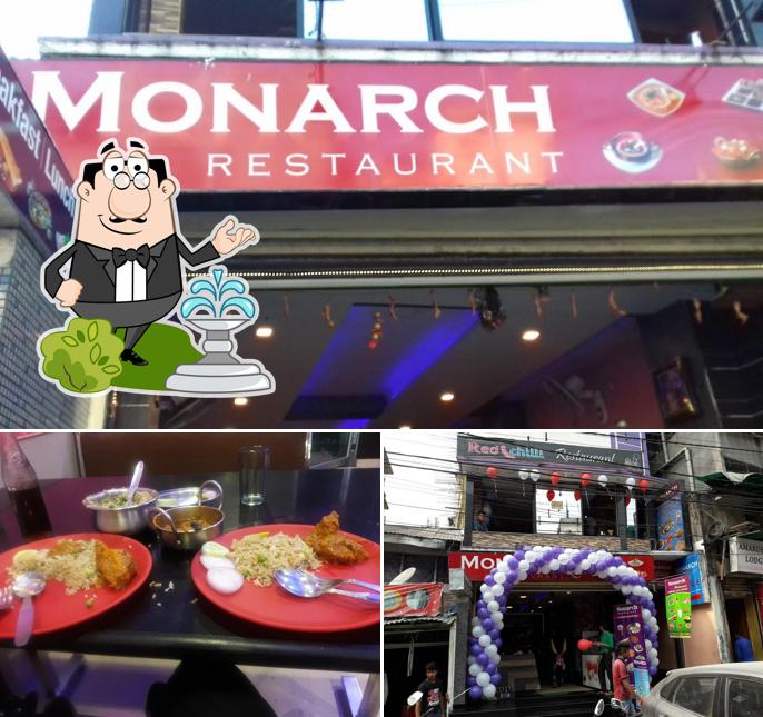 Take a look at the picture showing exterior and dining table at Monarch Restaurant