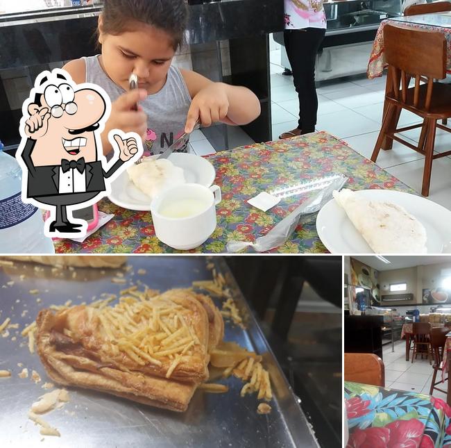 Esta é a ilustração apresentando interior e comida a Padaria e Conveniência Boa Massa