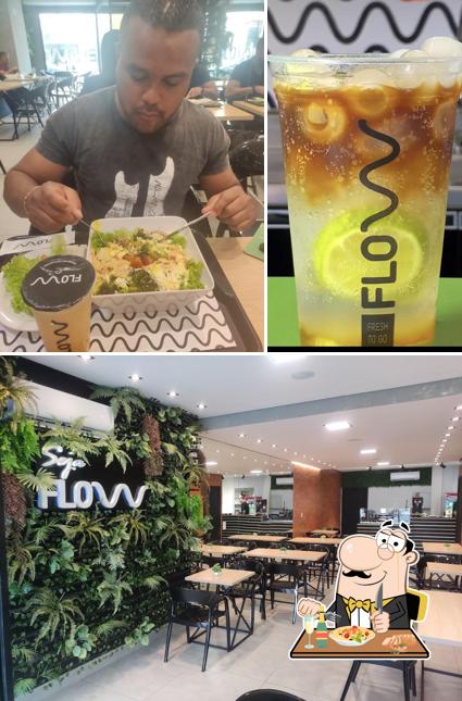 A imagem do FLOW FRESH TO GO’s comida e interior