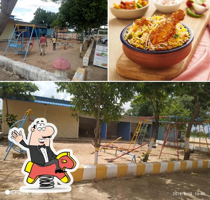 Take a look at the picture displaying play area and food at haritha priya restaurant