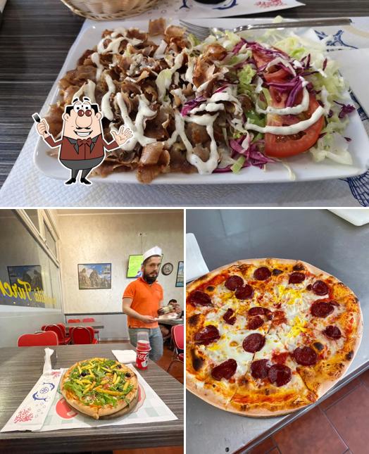 Это фотография, где изображены еда и внутреннее оформление в Greco Turkish Kebap Pizzeria