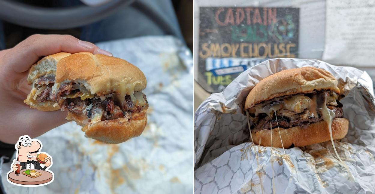 Order a burger at Capt Ron’s Smokehouse