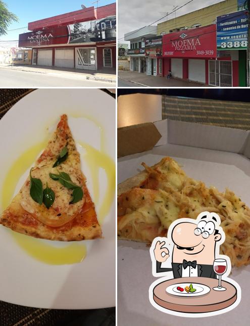 Esta é a ilustração mostrando comida e exterior a Moema Pizzaria