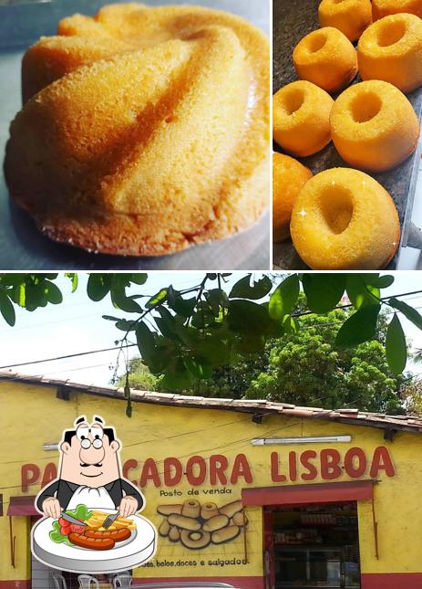 Confira a ilustração ilustrando comida e exterior a PH Panificadora