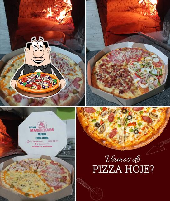 Escolha pizza no Pizzaria Magalhães