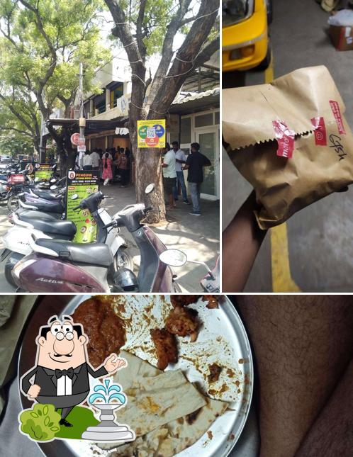 Check out the photo showing exterior and food at Hotel Penguin
