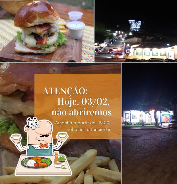 A ilustração da comida e exterior a Hamburgueria Ponte de Pedra