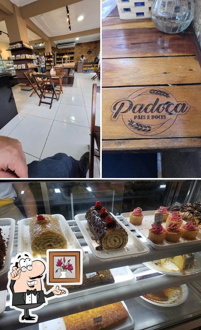 Посмотрите на этот снимок, где видны внутреннее оформление и еда в Padaria padoca