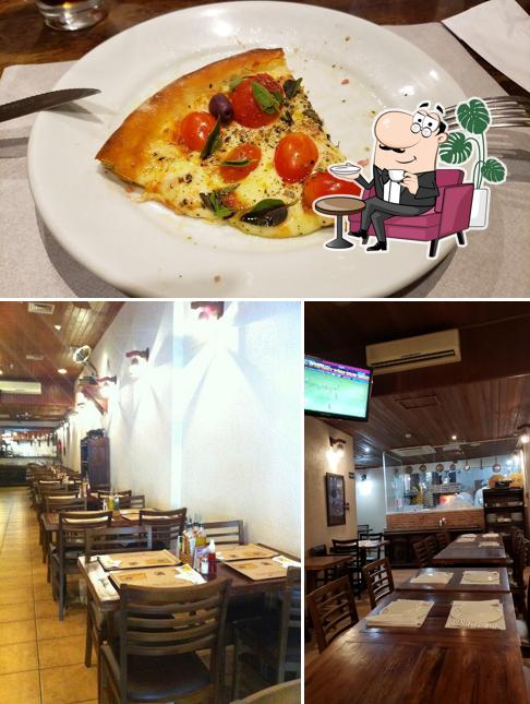 Confira a ilustração ilustrando interior e comida no Bella Antônia Bar Pizzas E Pastas