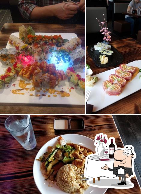 The picture of dining table and food at Sakana Hibachi Sushi and Bar