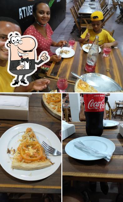 Confira a ilustração mostrando interior e comida a Pizzaria Bella Massa