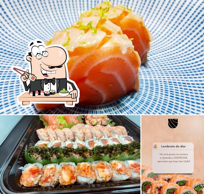 Rolos de sushi são disponibilizados no Utida Sushi Dourados Melhor sushi do mundo, rodízio, à la carte, omakase, eventos, delivery rápido