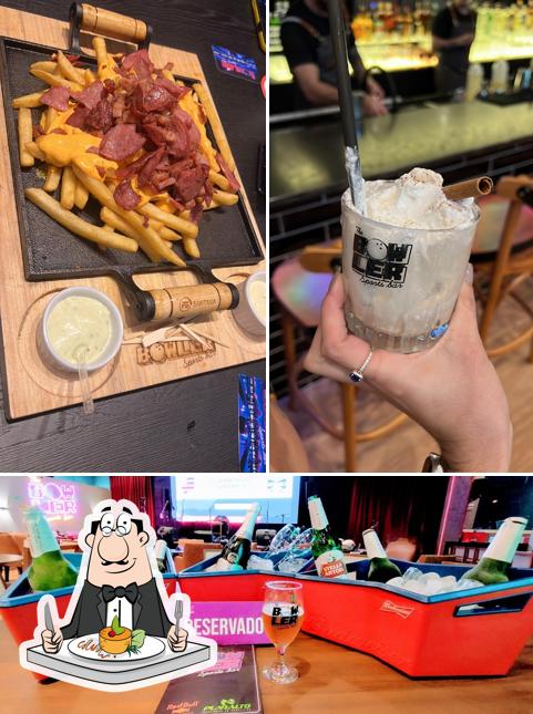 A ilustração da comida e bebida no The Bowler Sports Bar