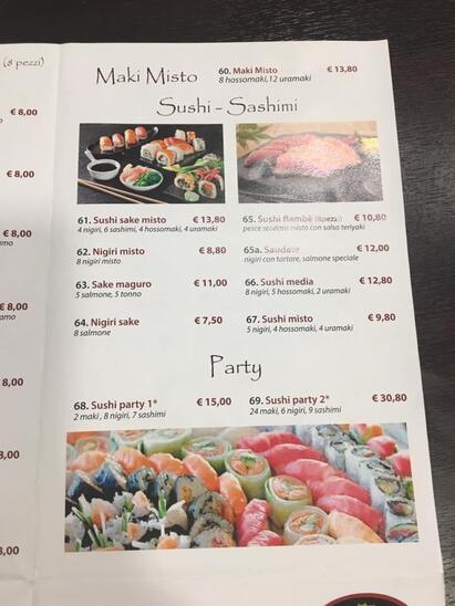 Il menu di cibo e bevande disponibili a Jing Sushi.