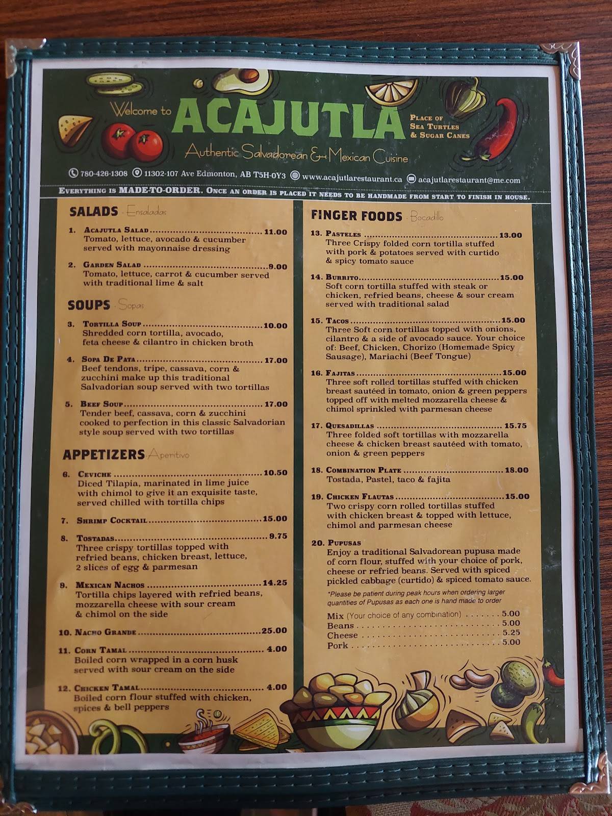 Menu at Acajutla Restaurant, Edmonton, 107 Ave NW