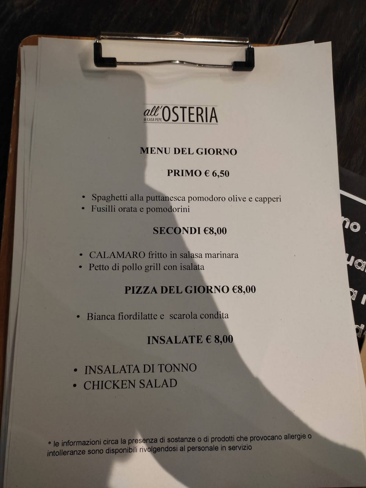 Menu da All’Osteria di Casa Pepe ristorante, Trieste