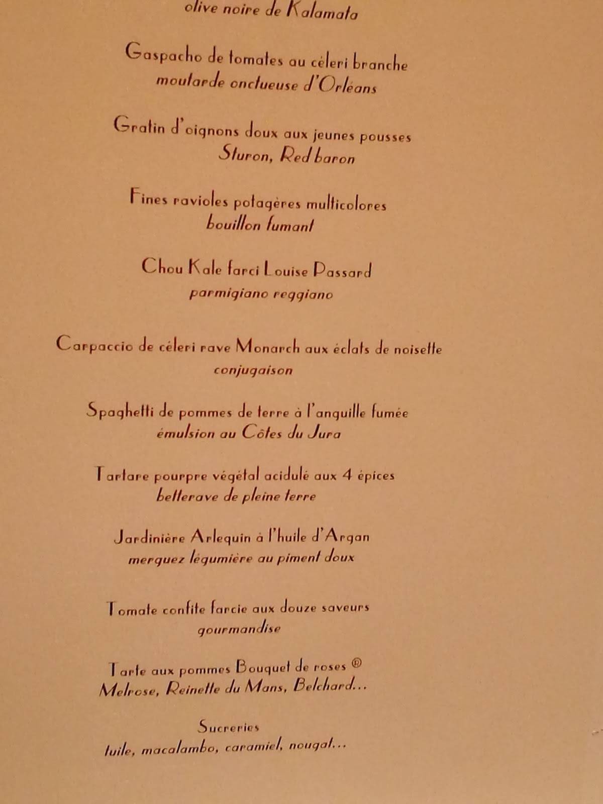 Menu at Arpège restaurant, Paris, 84 Rue de Varenne