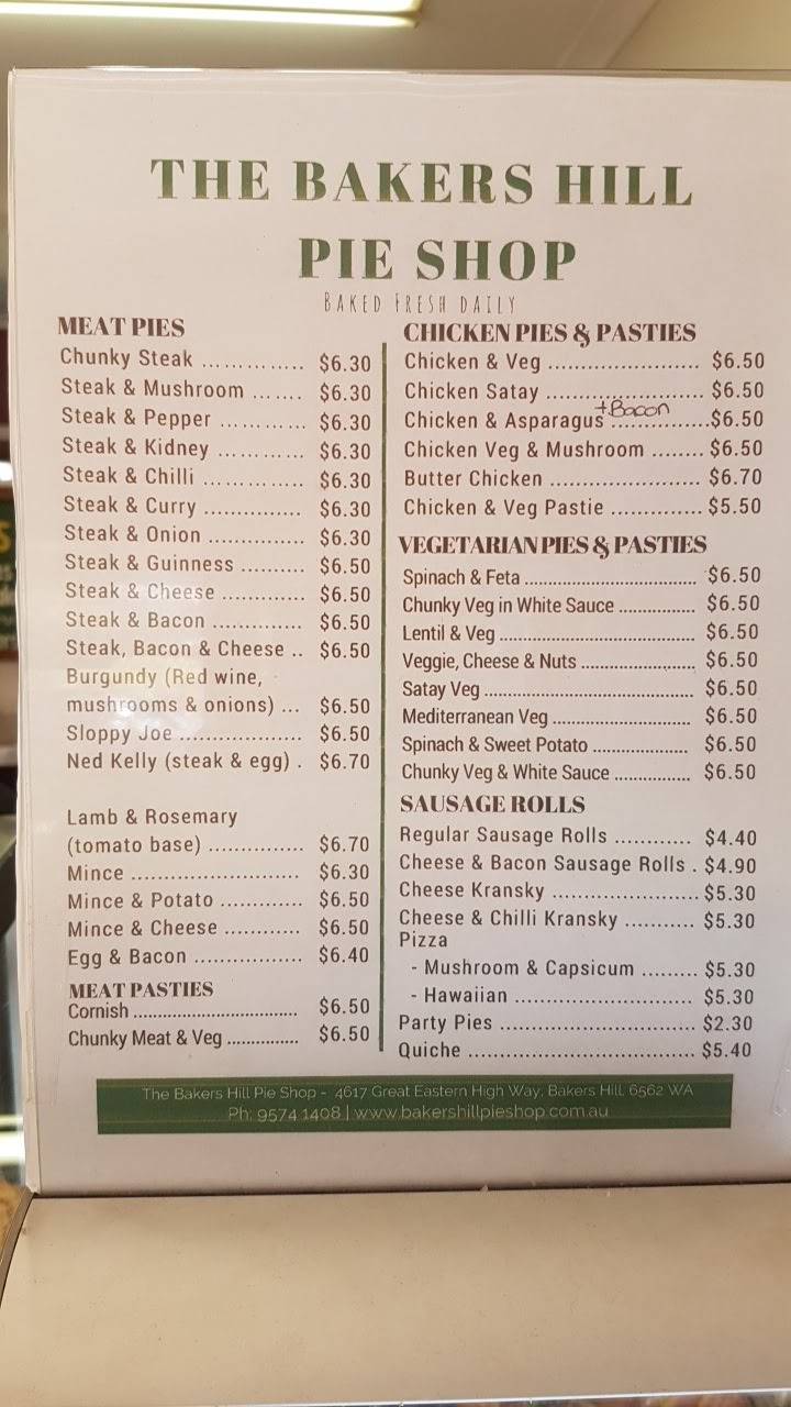 Menu at Bakers Hill Pie Shop restaurant, Bakers Hill
