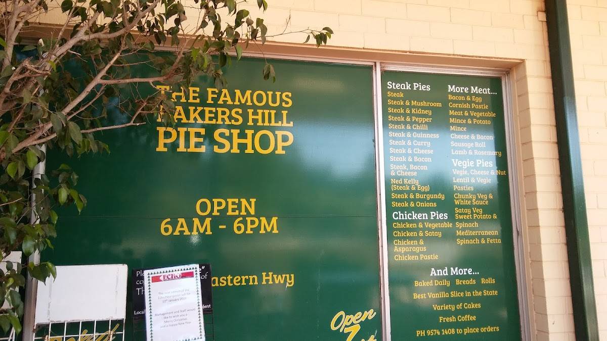 Menu at Bakers Hill Pie Shop restaurant, Bakers Hill