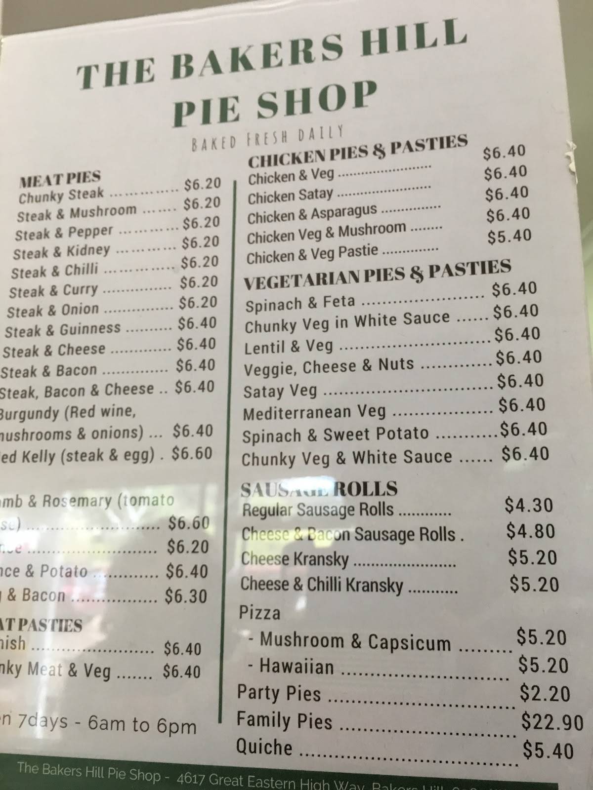 Menu at Bakers Hill Pie Shop restaurant, Bakers Hill