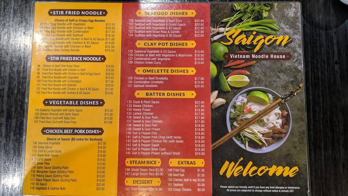 Menu at Saigon Noodle House restaurant, Ballarat Central