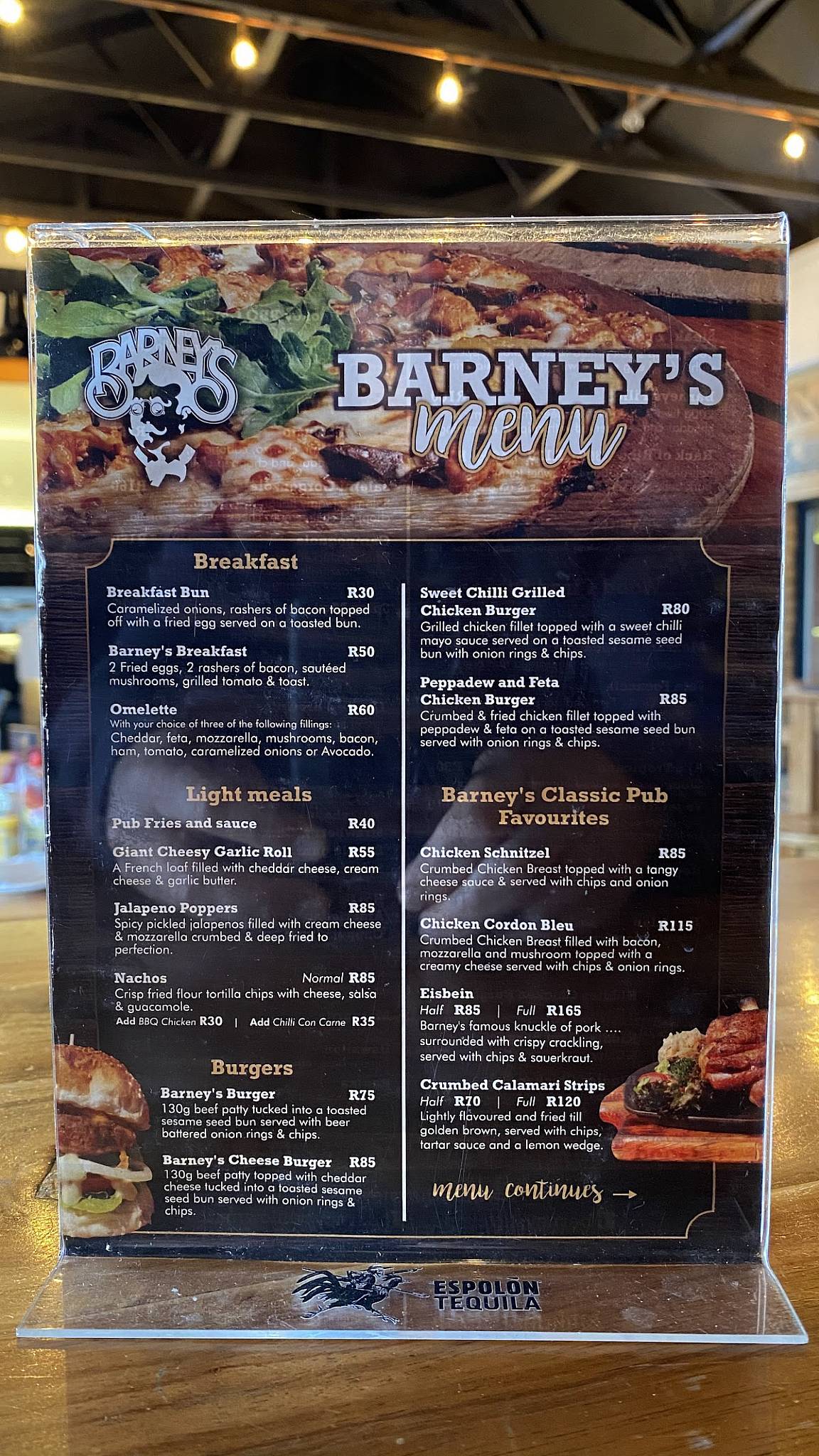 Menu at Barney's Willow Road, Port Elizabeth