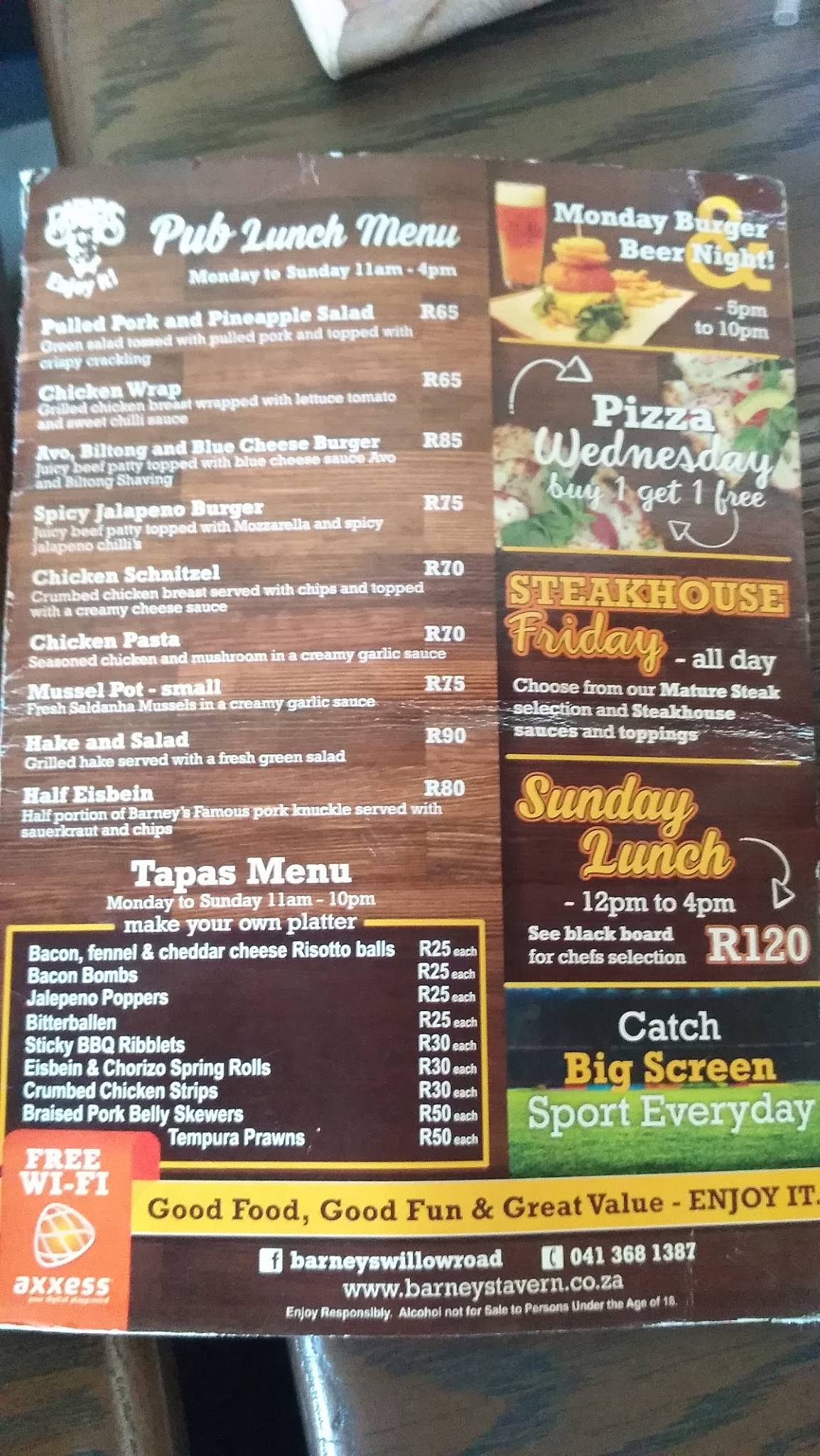 Menu at Barney's Willow Road, Port Elizabeth