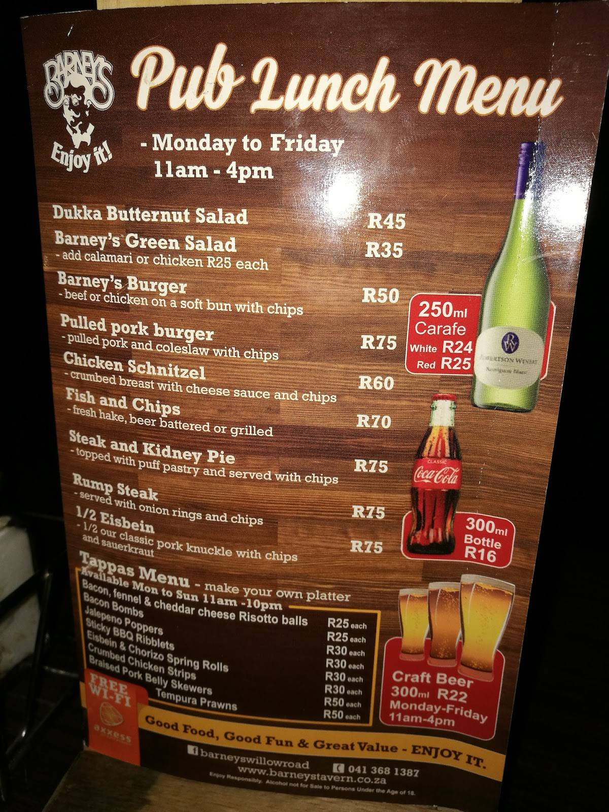 Menu at Barney's Willow Road, Port Elizabeth