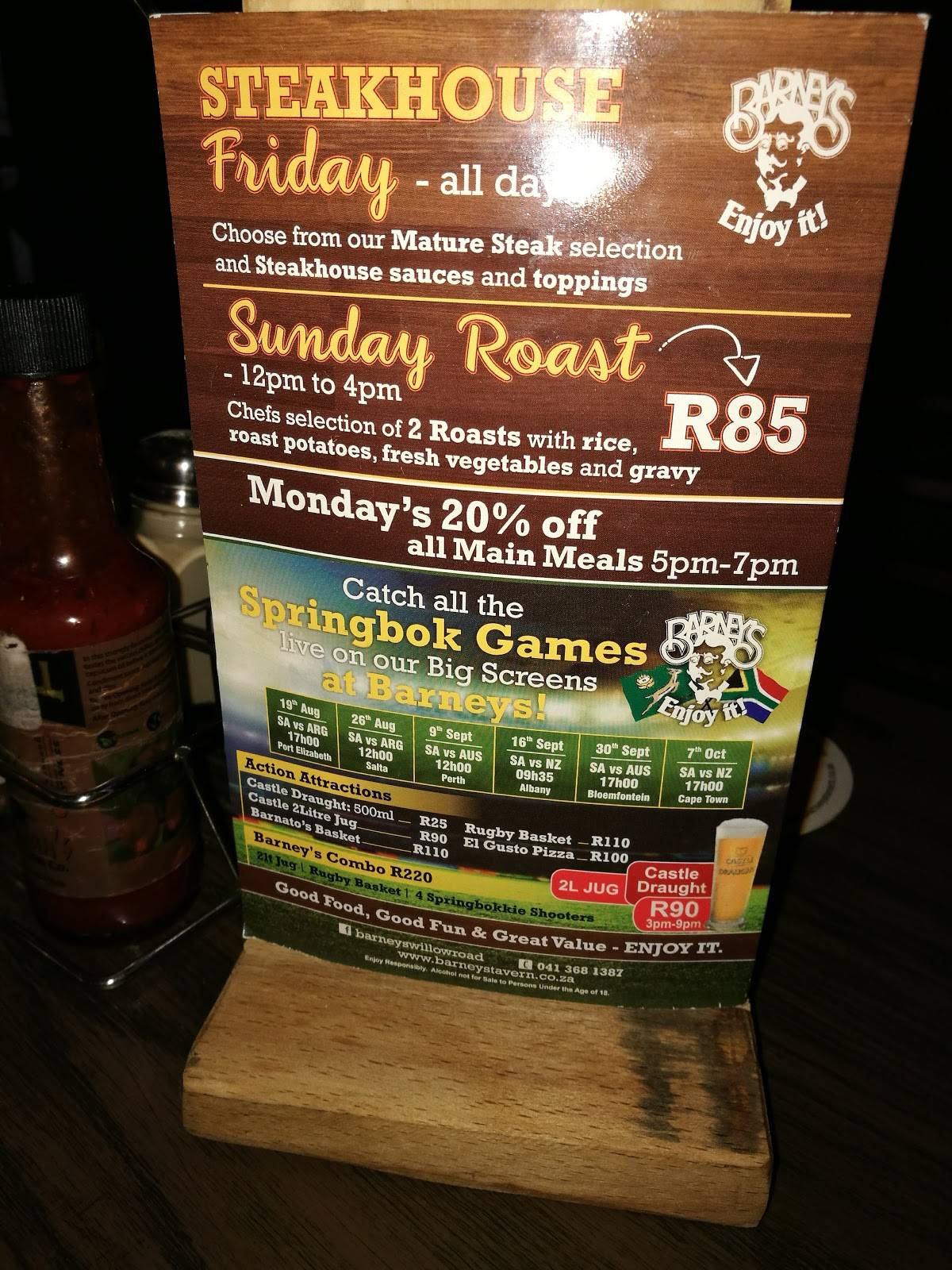 Menu at Barney's Willow Road, Port Elizabeth