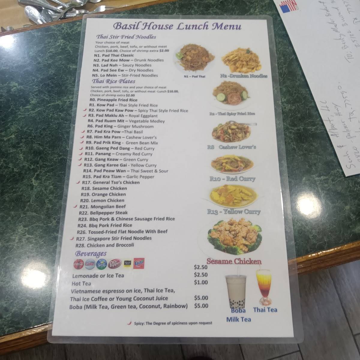 Menu at Basil House restaurant, Texas City