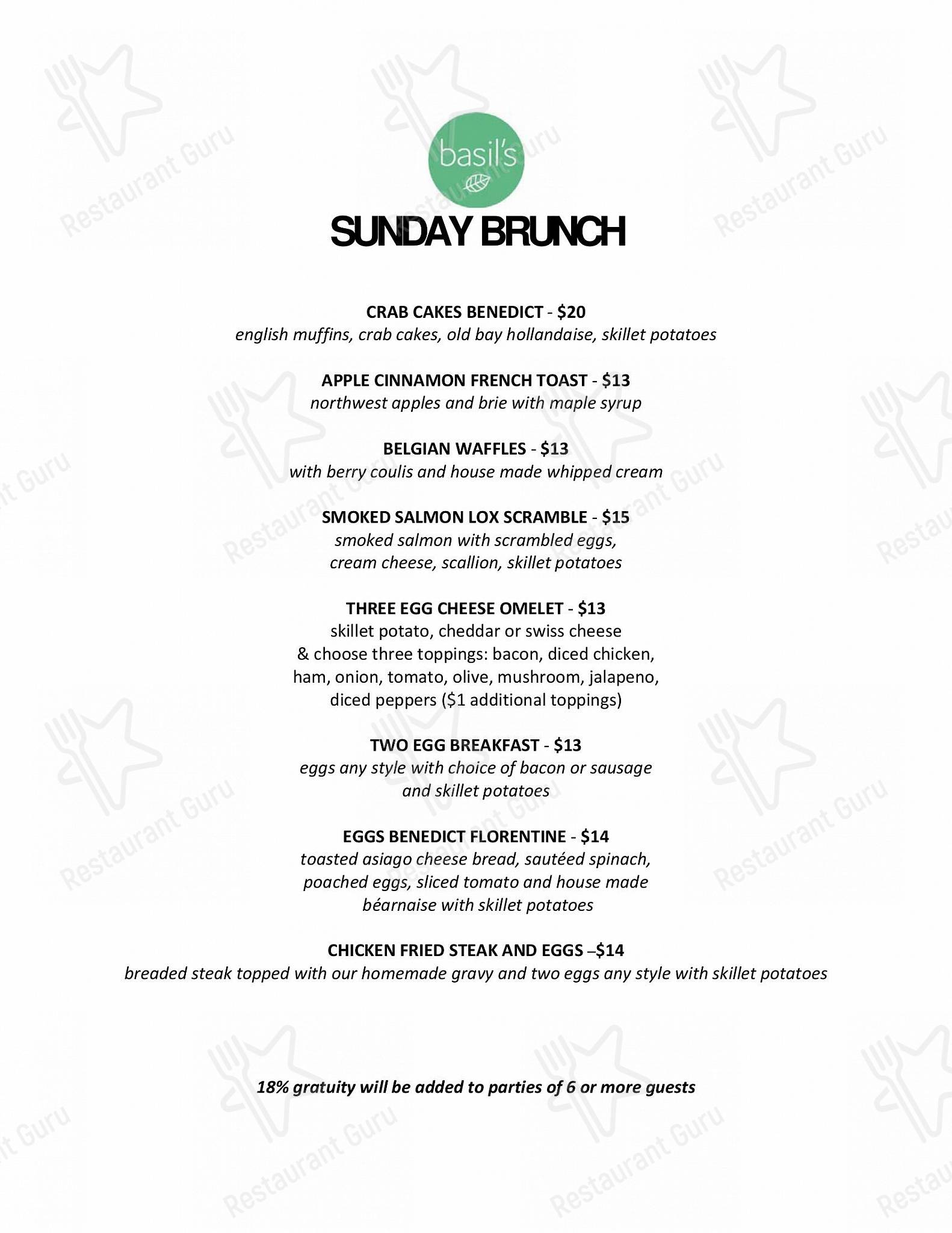 Menu at Basil's Restaurant and Lounge, Tukwila