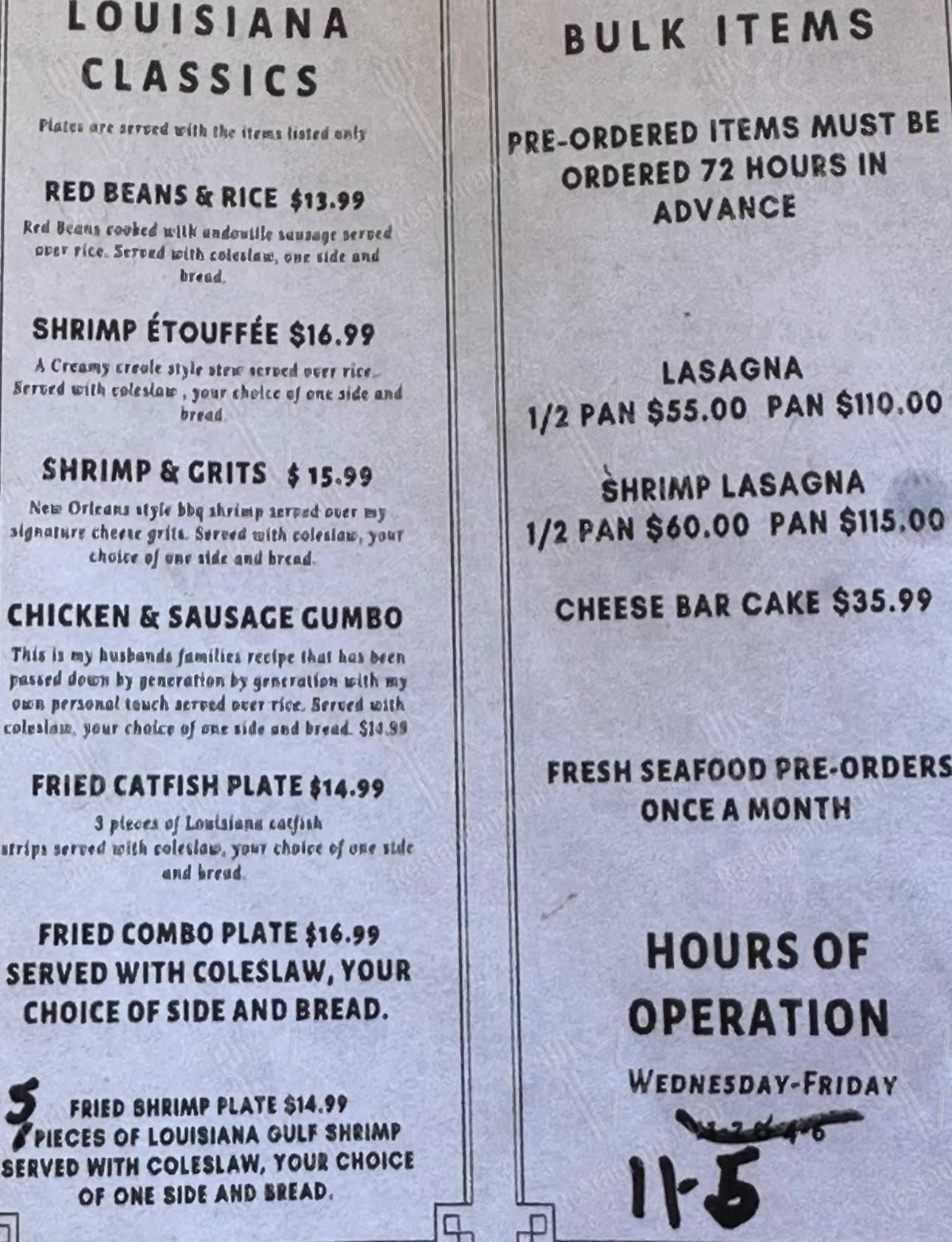 Menu at Seafood, Hot Springs Village
