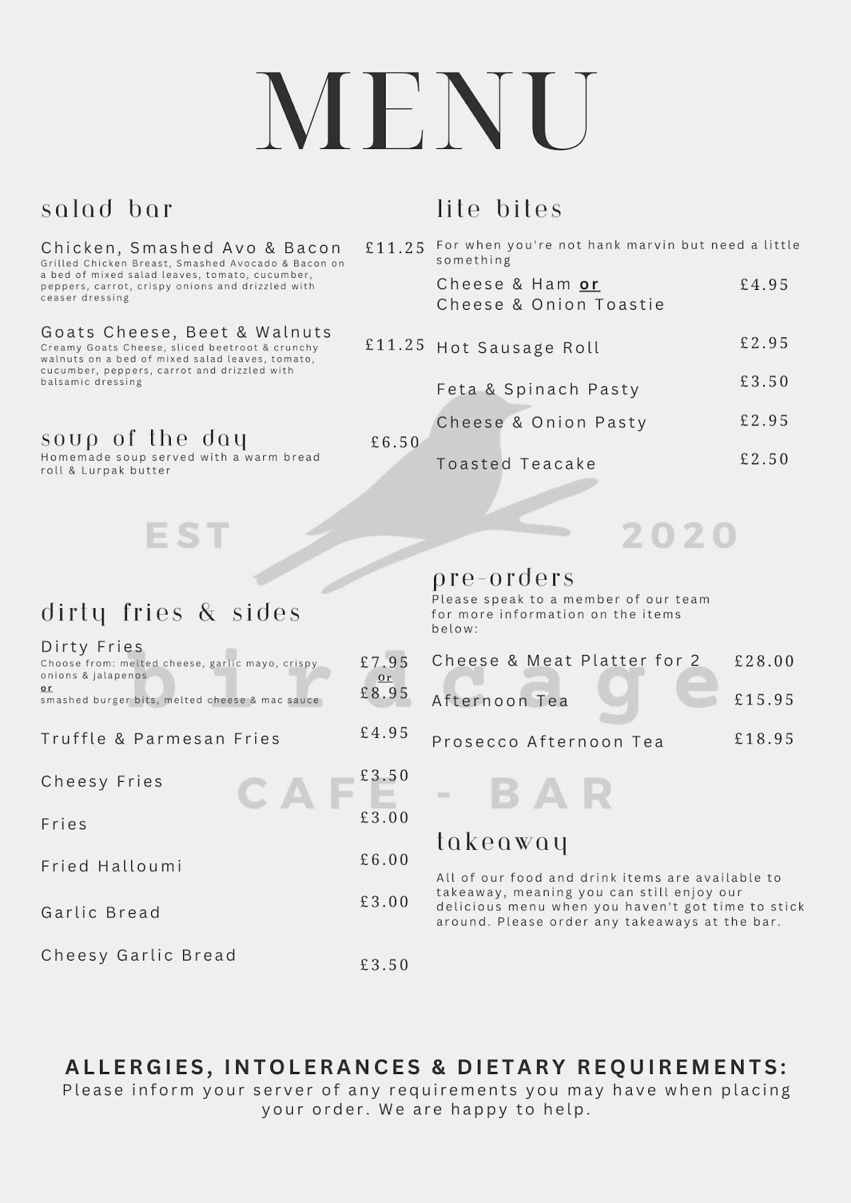 Menu at Birdcage at Derby road pub & bar, Chesterfield