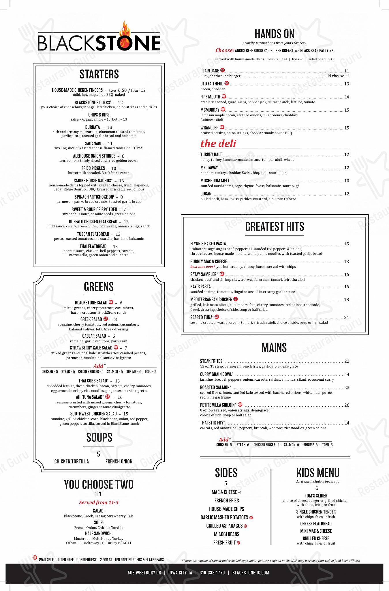 Menu at BlackStone restaurant, Iowa City, 503 Westbury Dr 1