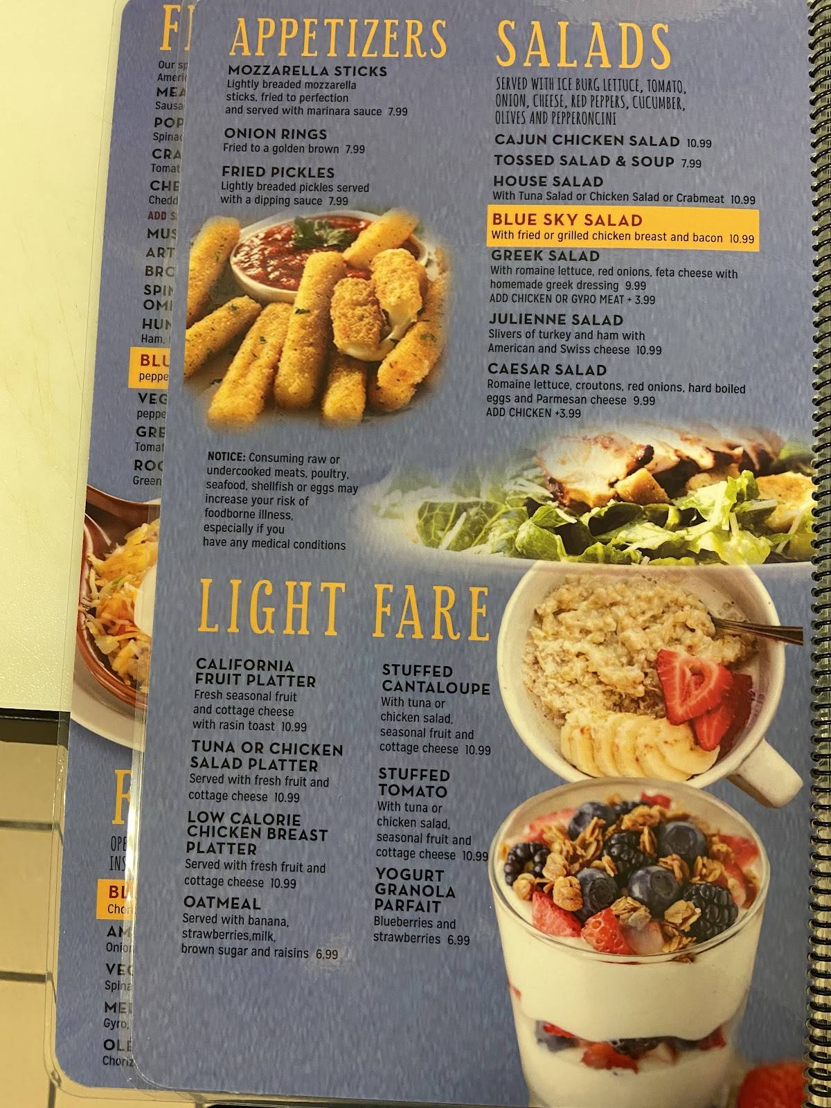 Menu at Blue Sky Pancake House restaurant, Huntington