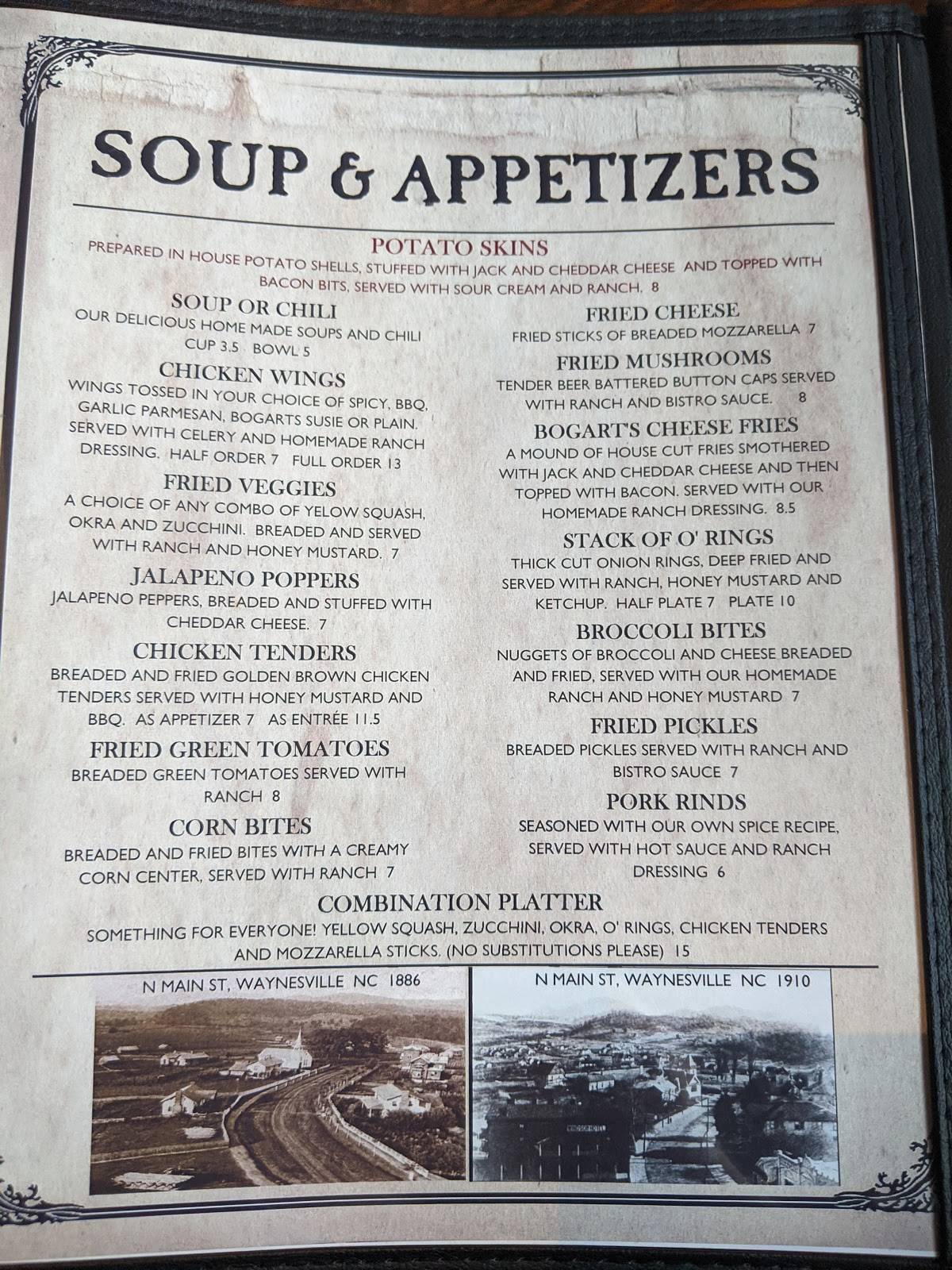 Menu at Bogart's Restaurant and Tavern, Waynesville